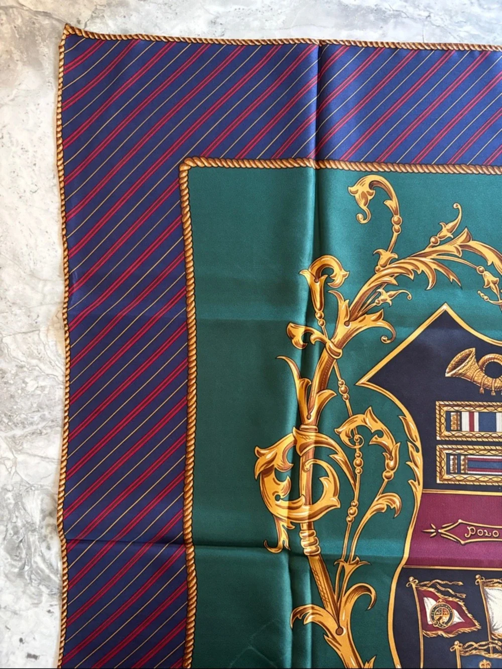 Vintage Polo Ralph Lauren Heraldic Silk Scarf - Teal, Navy, Gold, Burgundy